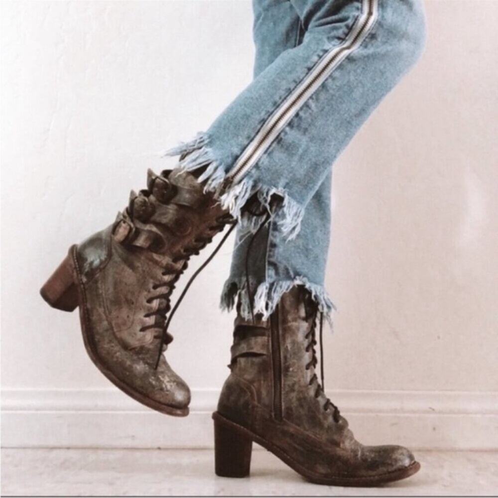Bed‎ Stu Fiona Cobbler Series Buckled Heeled Moto Boot In Pewter Black Size 6